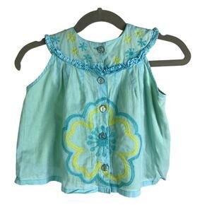 Oilily Dress Toddlers Size 92 Cyan Blue Sleeveless Embroidered Button Back